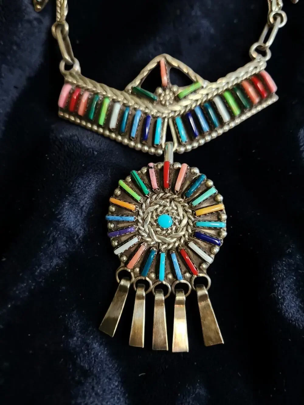 Zuni Sterling Multi-stone Rainbow Petit Point Necklace, Pendant & Earring Set